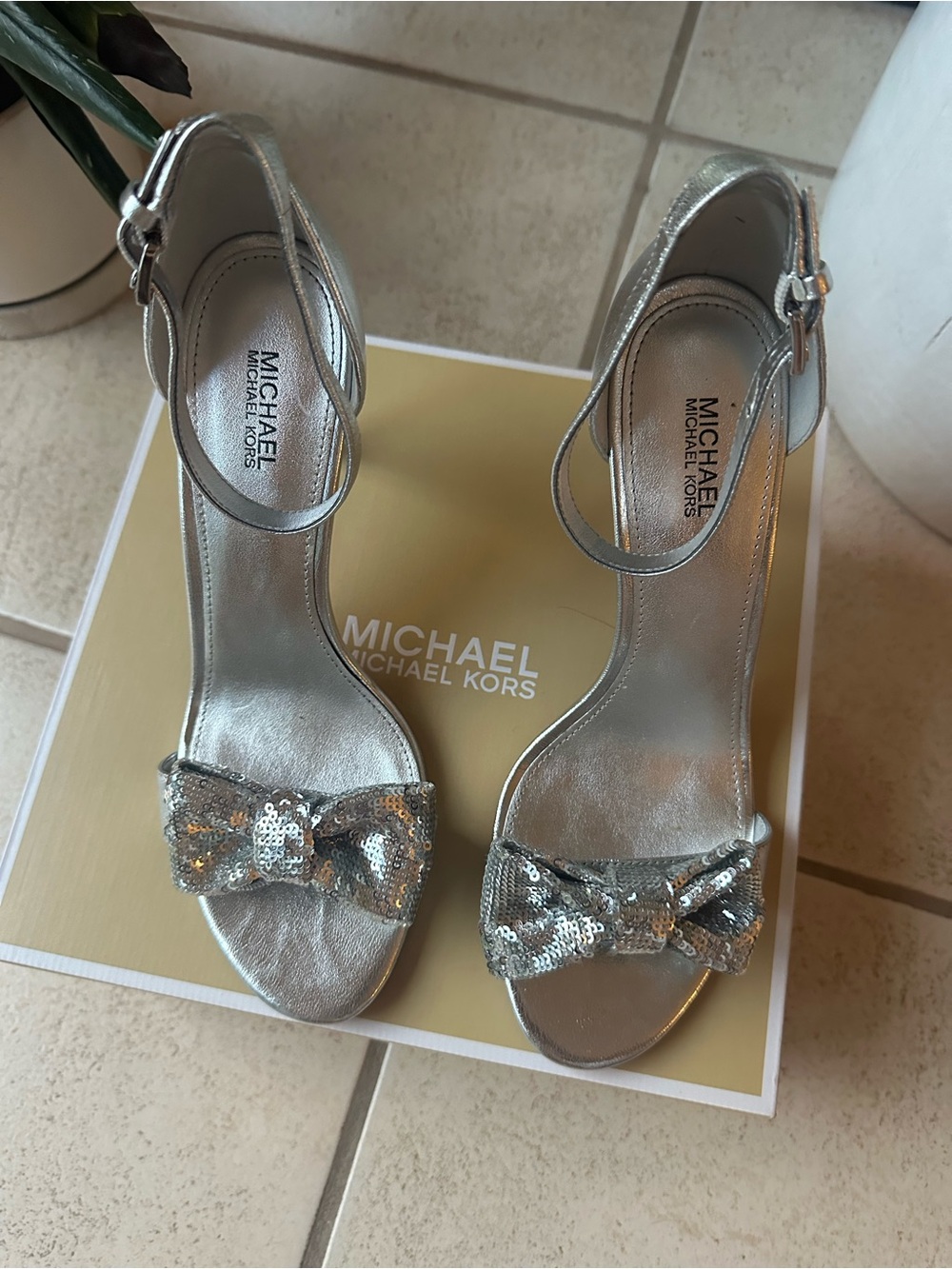 Michael Kors Silver Sequin Bow Ankle-Strap Heels